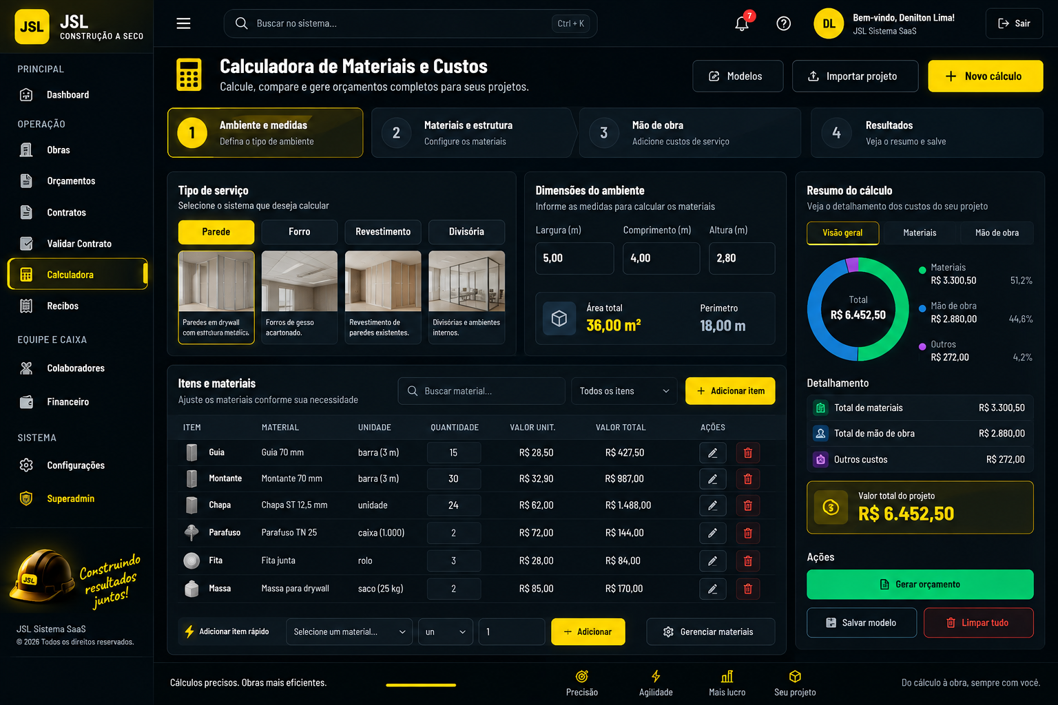 Tela da Calculadora do JSL Sistema com materiais e resumo de custos